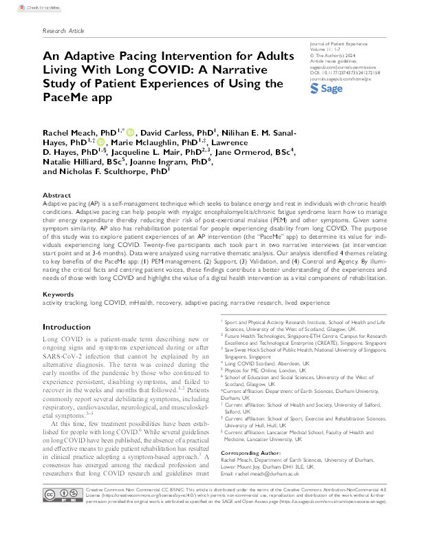 An Adaptive Pacing Intervention for Adults Living With Long COVID: A Narrative Study of Patient Experiences of Using the PaceMe app Thumbnail