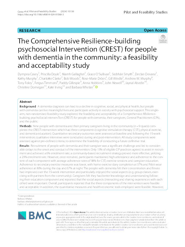 The Comprehensive Resilience-building psychosocial Intervention (CREST) for people with dementia in the community: a feasibility and acceptability study Thumbnail