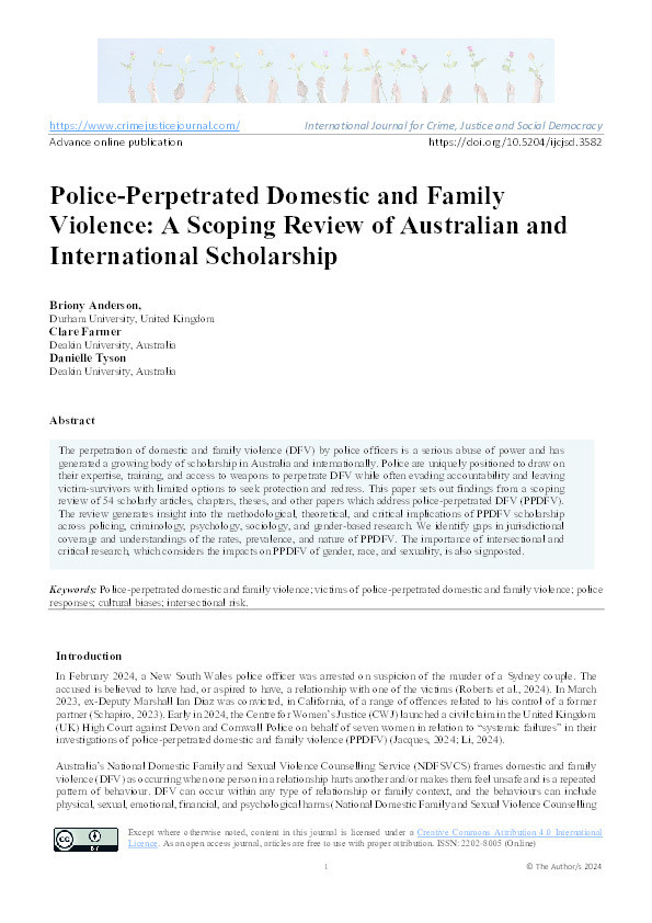 Police-Perpetrated Domestic and Family Violence: A Scoping Review of Australian and International Scholarship Thumbnail