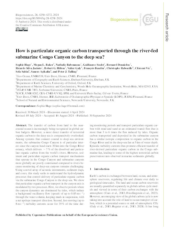 How is particulate organic carbon transported through the river-fed submarine Congo Canyon to the deep sea? Thumbnail