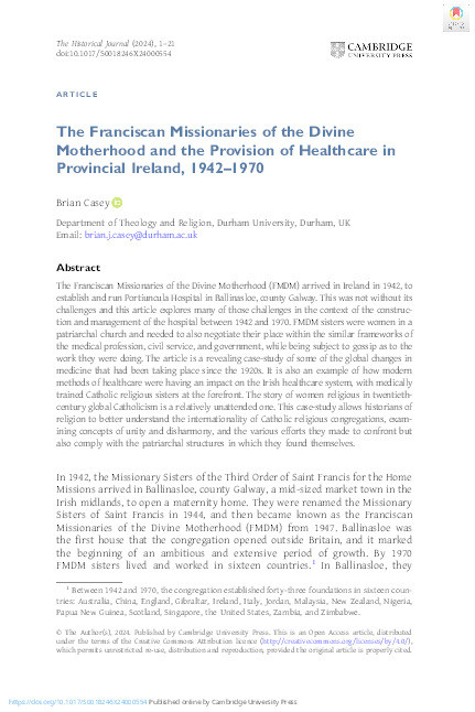 The Franciscan Missionaries of the Divine Motherhood and the Provision of Healthcare in Provincial Ireland, 1942–1970 Thumbnail