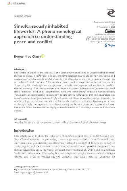 Simultaneously inhabited lifeworlds: A phenomenological approach to understanding peace and conflict Thumbnail