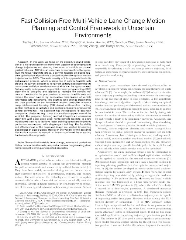 Fast Collision-Free Multi-Vehicle Lane Change Motion Planning and Control Framework in Uncertain Environments Thumbnail