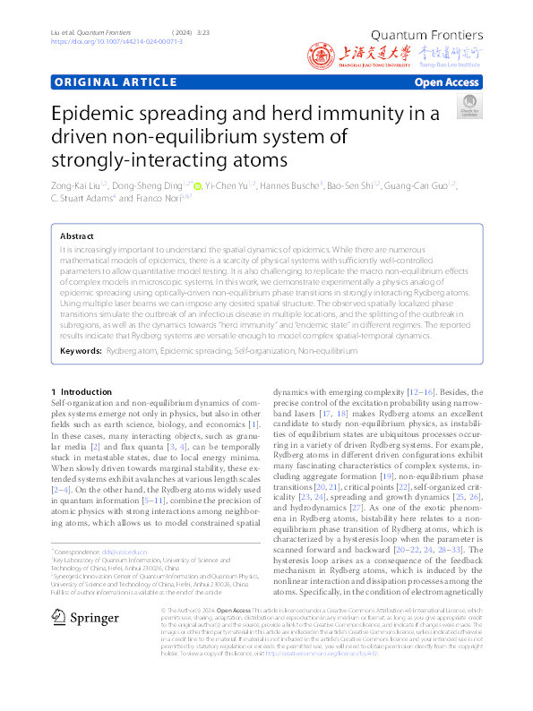 Epidemic spreading and herd immunity in a driven non-equilibrium system of strongly-interacting atoms Thumbnail