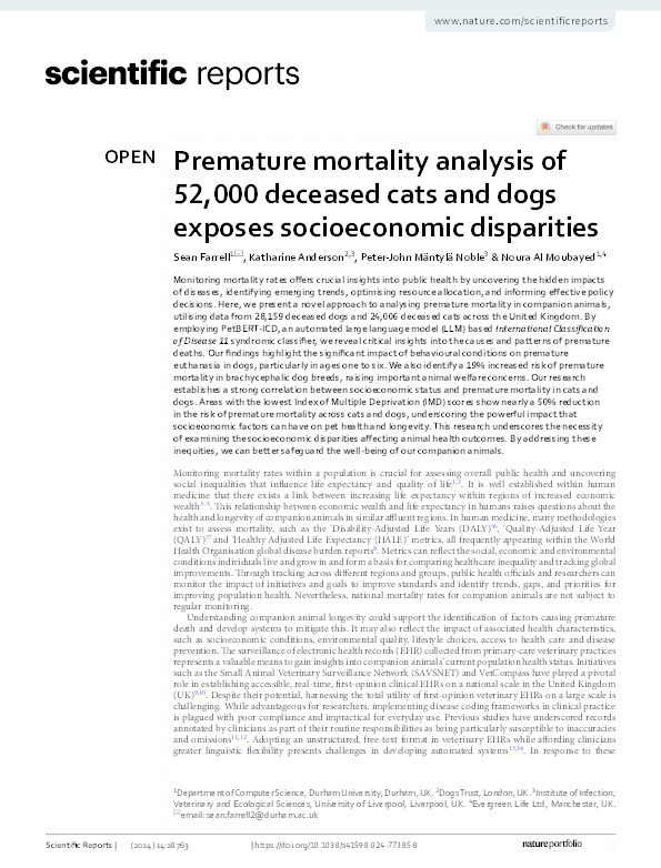 Premature mortality analysis of 52,000 deceased cats and dogs exposes socioeconomic disparities Thumbnail