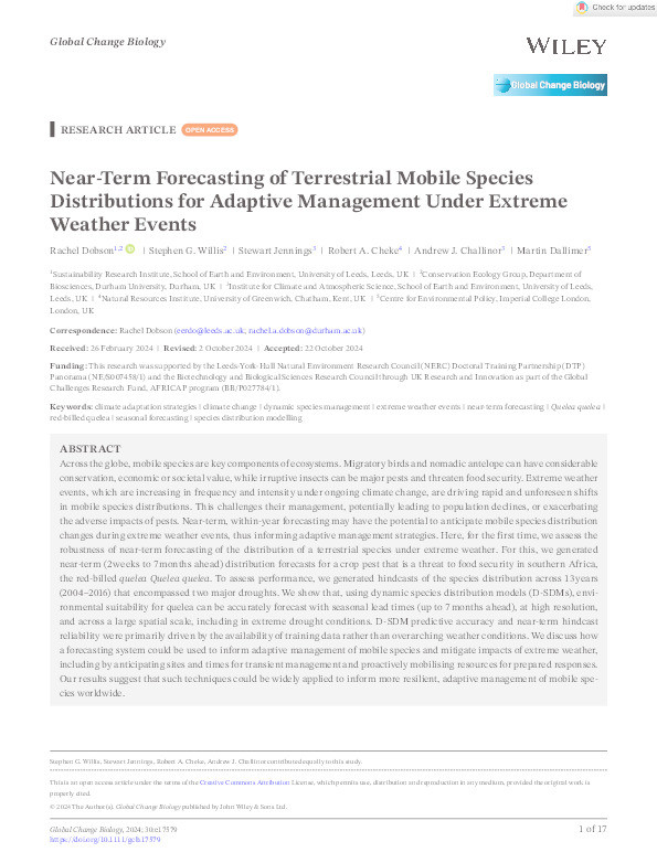 Near‐Term Forecasting of Terrestrial Mobile Species Distributions for Adaptive Management Under Extreme Weather Events Thumbnail