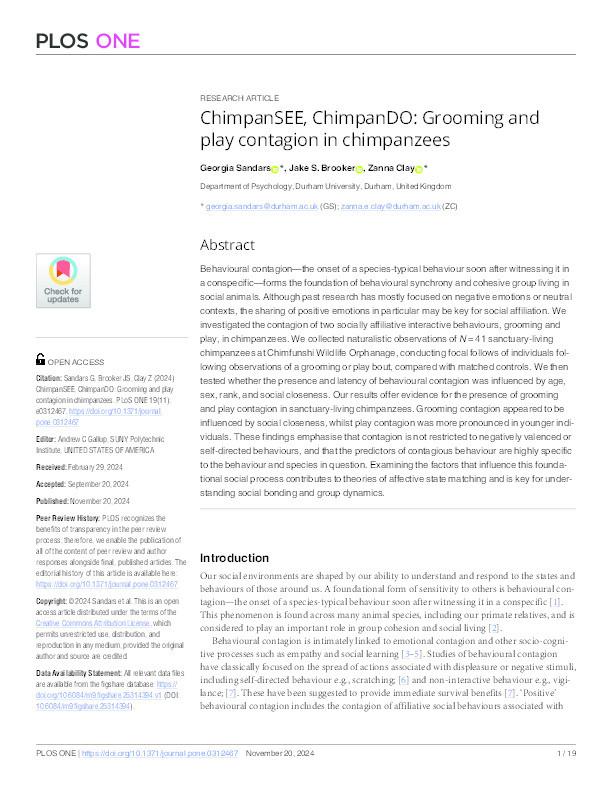 ChimpanSEE, ChimpanDO: Grooming and play contagion in chimpanzees Thumbnail