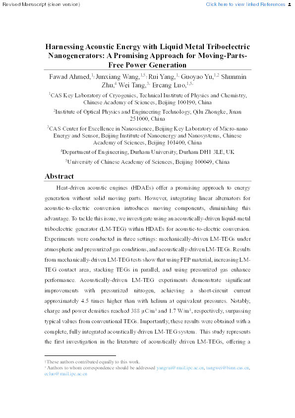 Harnessing acoustic energy with liquid metal triboelectric nanogenerators: A promising approach for moving-parts-free power generation Thumbnail