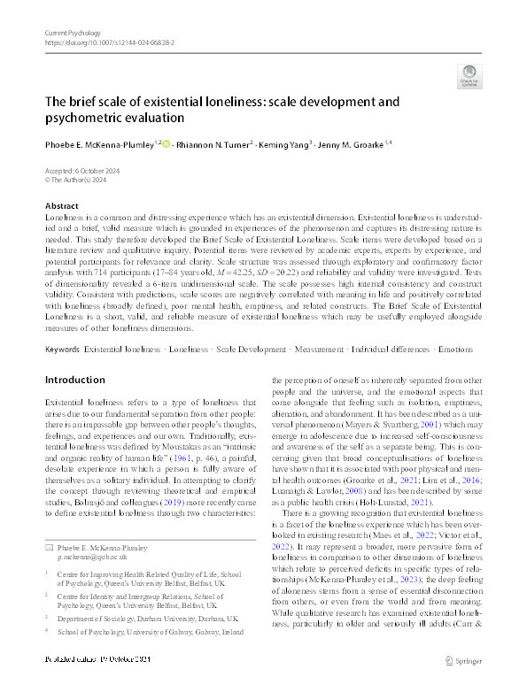 The brief scale of existential loneliness: scale development and psychometric evaluation Thumbnail