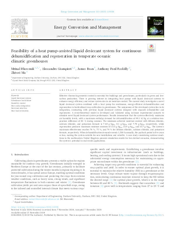 Feasibility of a heat pump-assisted liquid desiccant system for continuous dehumidification and regeneration in temperate oceanic climatic greenhouses Thumbnail