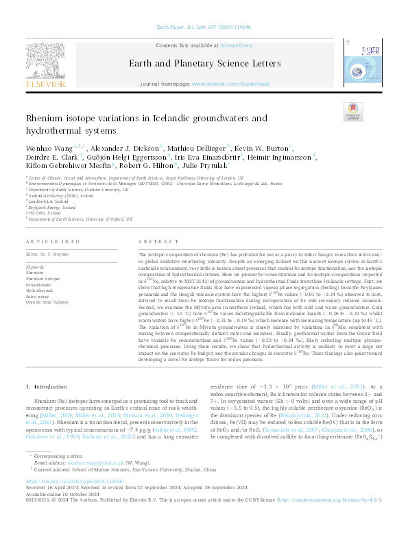 Rhenium isotope variations in Icelandic groundwaters and hydrothermal systems Thumbnail