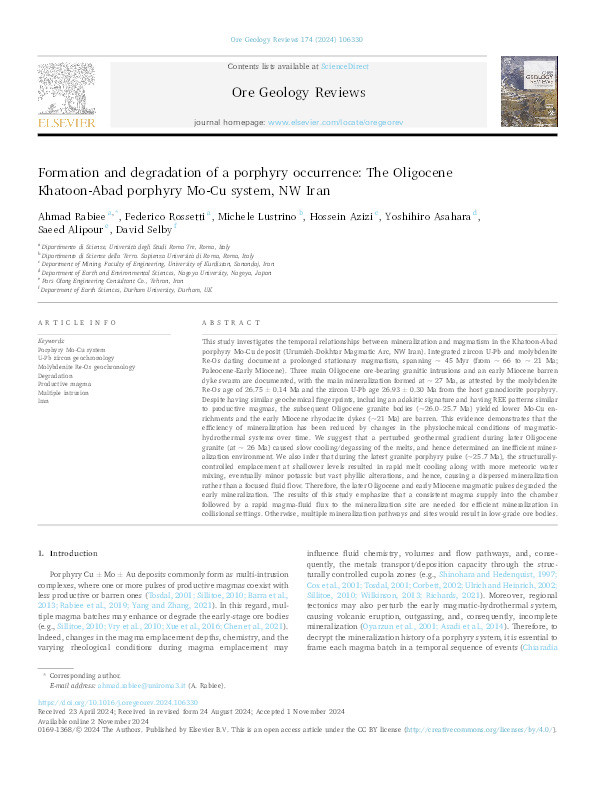 Formation and degradation of a porphyry occurrence: The Oligocene Khatoon-Abad porphyry Mo-Cu system, NW Iran Thumbnail