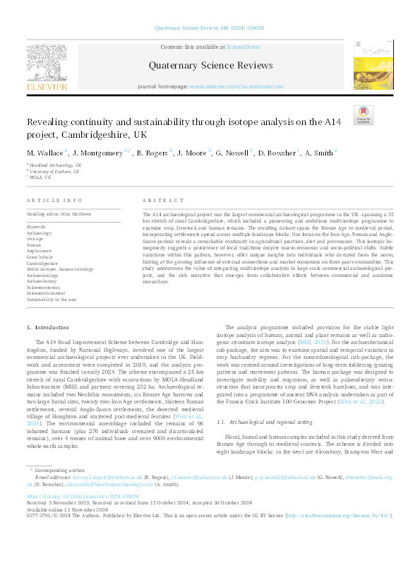 Revealing continuity and sustainability through isotope analysis on the A14 project, Cambridgeshire, UK Thumbnail