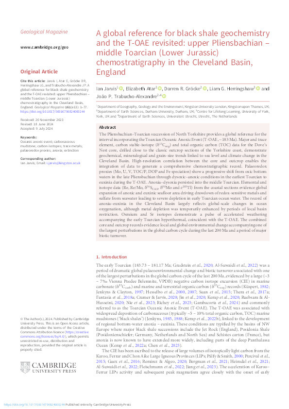 A global reference for black shale geochemistry and the T-OAE revisited: upper Pliensbachian – middle Toarcian (Lower Jurassic) chemostratigraphy in the Cleveland Basin, England Thumbnail