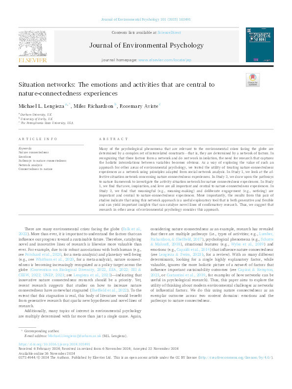 Situation Networks: The emotions and activities that are central to nature-connectedness experiences Thumbnail