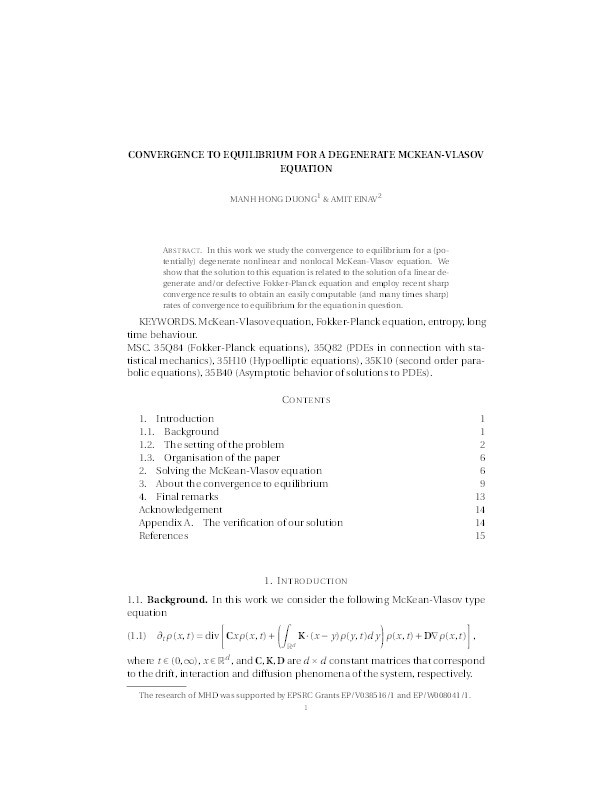 Convergence to equilibrium for a degenerate McKean-Vlasov Equation Thumbnail