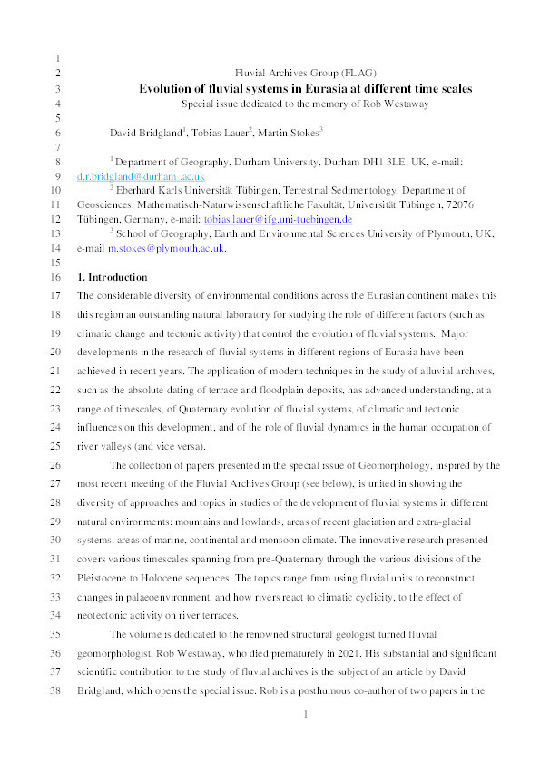 Evolution of fluvial systems in Eurasia at different time scales: Special issue dedicated to the memory of Rob Westaway Thumbnail