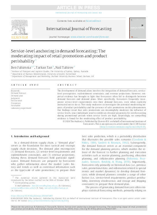 Service-level anchoring in demand forecasting: The moderating impact of retail promotions and product perishability Thumbnail