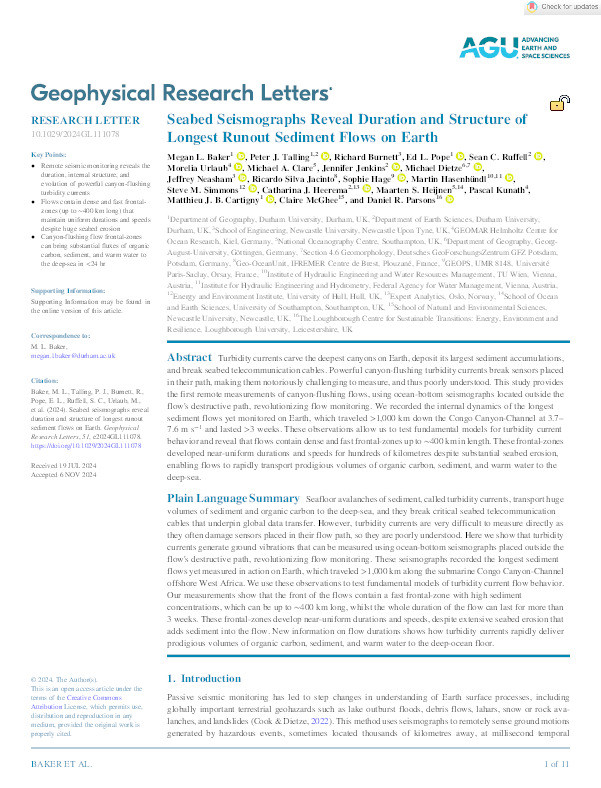 Seabed Seismographs Reveal Duration and Structure of Longest Runout Sediment Flows on Earth Thumbnail