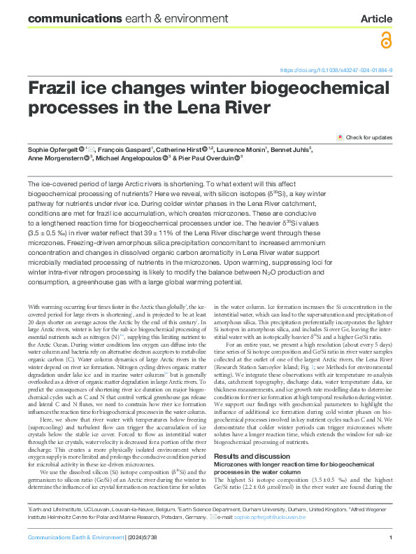 Frazil ice changes winter biogeochemical processes in the Lena River Thumbnail