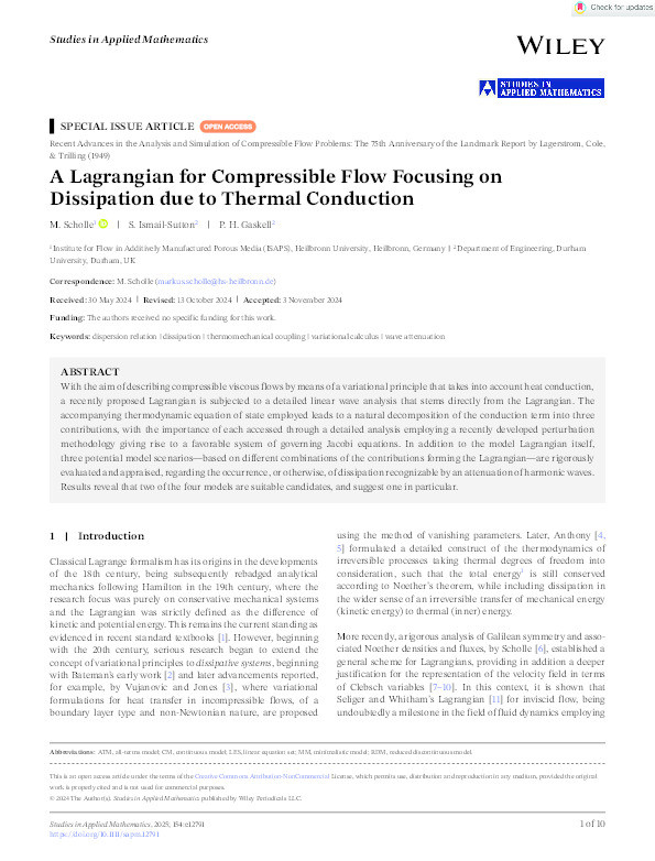 A Lagrangian for Compressible Flow Focusing on Dissipation due to Thermal Conduction Thumbnail