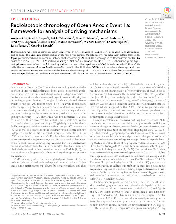 Radioisotopic chronology of Ocean Anoxic Event 1a: Framework for analysis of driving mechanisms. Thumbnail