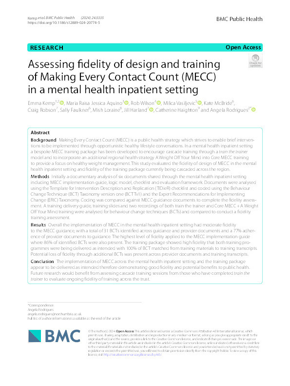 Assessing fidelity of design and training of Making Every Contact Count (MECC) in a mental health inpatient setting Thumbnail