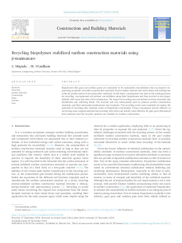 Recycling biopolymer stabilised earthen construction materials using β-mannanase Thumbnail