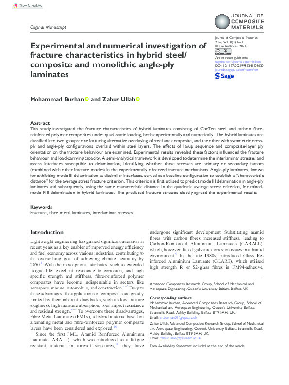 Experimental and numerical investigation of fracture characteristics in hybrid steel/composite and monolithic angle-ply laminates Thumbnail