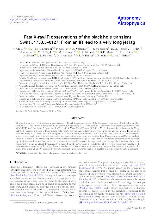 Fast X-ray/IR observations of the black hole transient Swift J1753.5–0127: From an IR lead to a very long jet lag Thumbnail