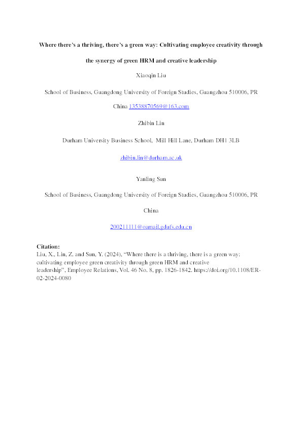 Where there is a thriving, there is a green way: cultivating employee green creativity through green HRM and creative leadership Thumbnail