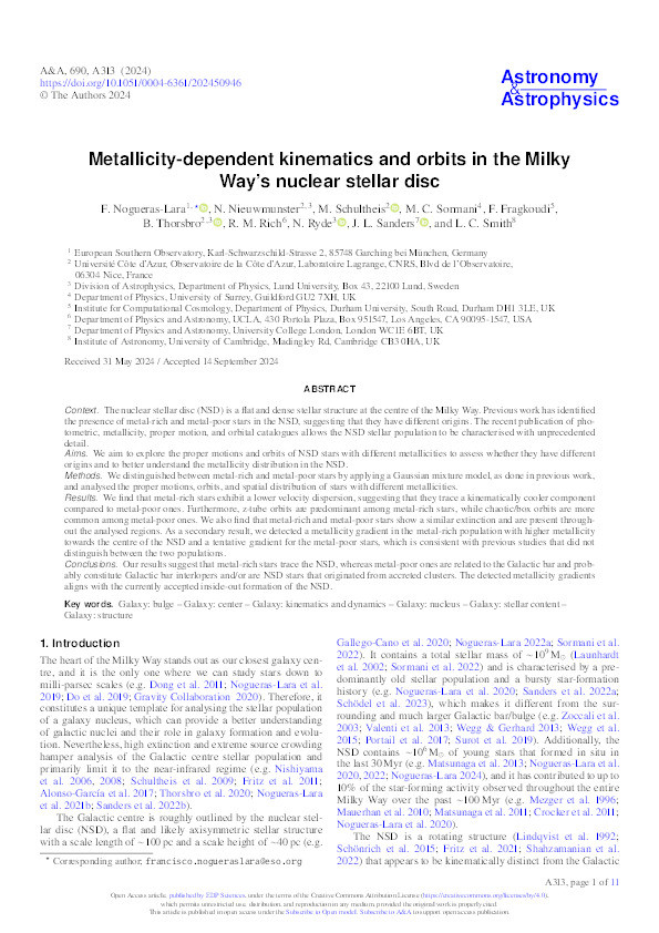 Metallicity-dependent kinematics and orbits in the Milky Way’s nuclear stellar disc Thumbnail