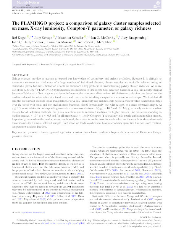 The FLAMINGO project: a comparison of galaxy cluster samples selected on mass, X-ray luminosity, Compton-Y parameter, or galaxy richness Thumbnail