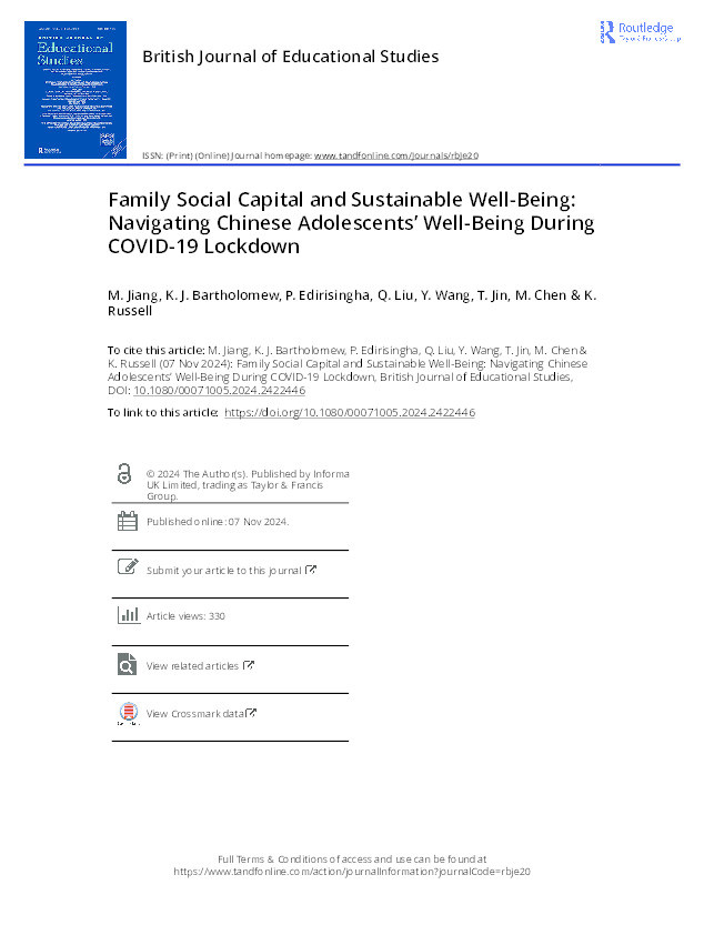 Family Social Capital and Sustainable Well-Being: Navigating Chinese Adolescents’ Well-Being During COVID-19 Lockdown Thumbnail