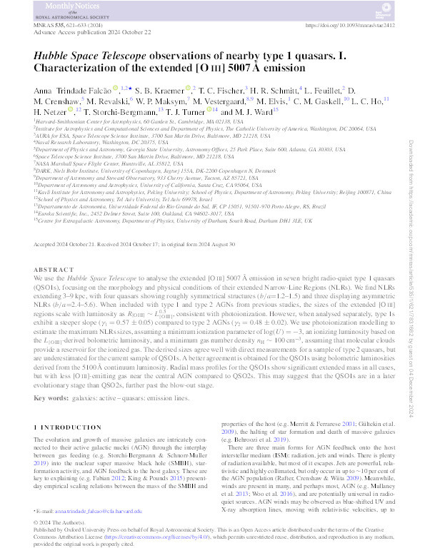 Hubble Space Telescope observations of nearby type 1 quasars. I. Characterization of the extended [O iii] 5007 Å emission Thumbnail