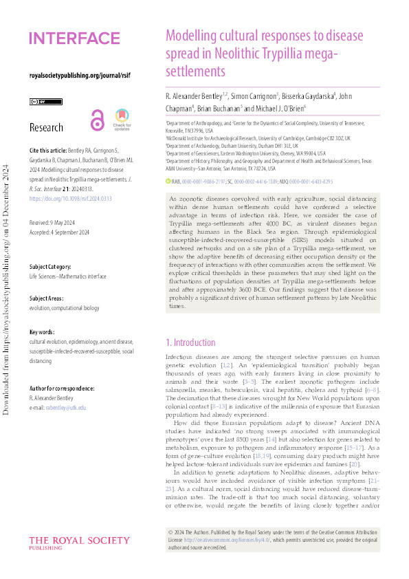 Modelling cultural responses to disease spread in Neolithic Trypillia mega-settlements Thumbnail