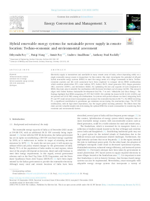 Hybrid renewable energy systems for sustainable power supply in remote location: Techno-economic and environmental assessment Thumbnail