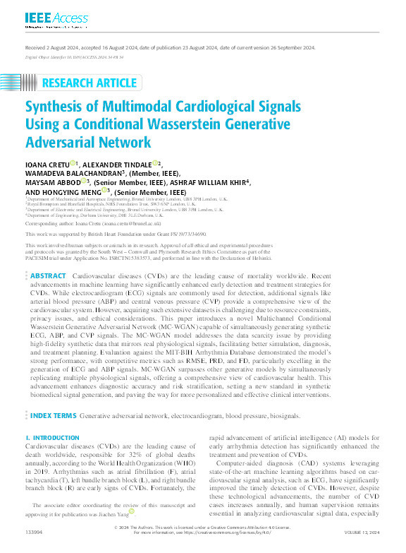 Synthesis of Multimodal Cardiological Signals Using a Conditional Wasserstein Generative Adversarial Network Thumbnail