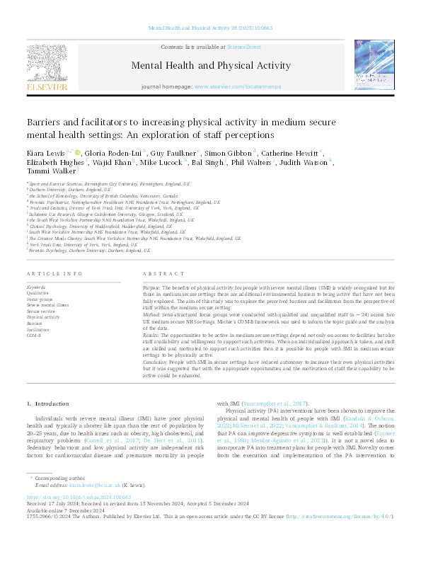 Barriers and facilitators to increasing physical activity in medium secure mental health settings: an exploration of staff perceptions Thumbnail