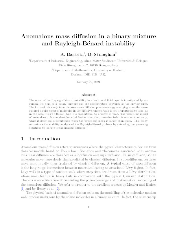 Anomalous mass diffusion in a binary mixture and Rayleigh-Bénard instability. Thumbnail