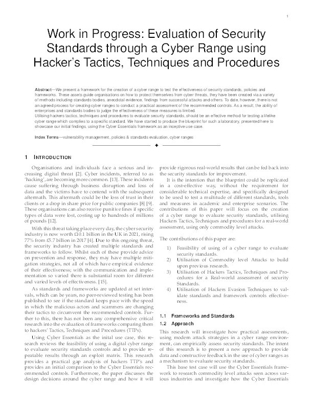 Work in Progress: Evaluation of Security Standards through a Cyber Range using Hackers’ Tactics, Techniques and Procedures Thumbnail