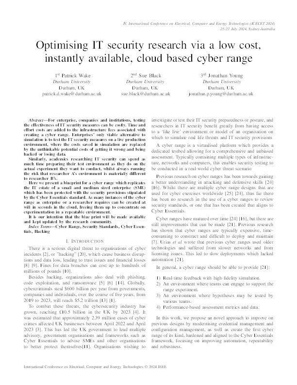 Optimising IT Security Research via a Low Cost, Instantly Available, Cloud Based Cyber Range Thumbnail