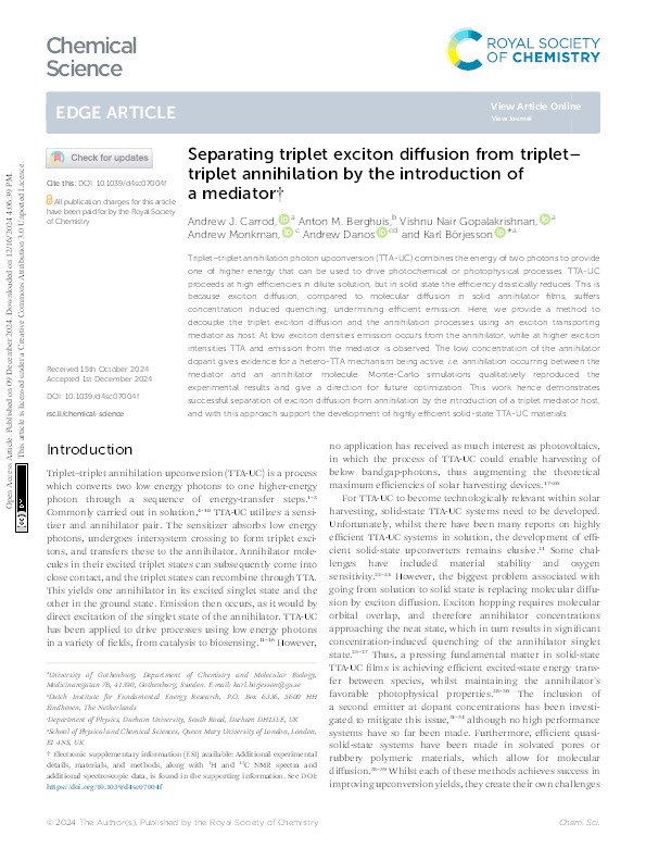 Separating triplet exciton diffusion from triplet-triplet annihilation by the introduction of a mediator Thumbnail