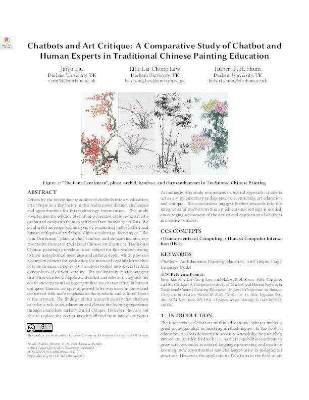 Chatbots and Art Critique: A Comparative Study of Chatbot and Human Experts in Traditional Chinese Painting Education Thumbnail