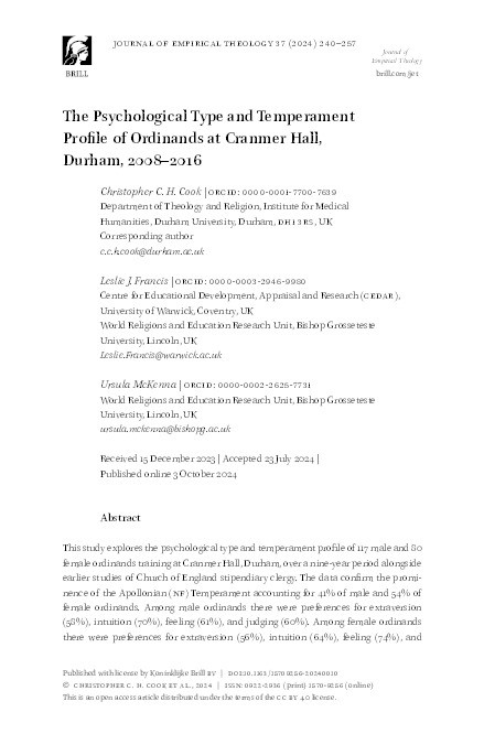 The Psychological Type and Temperament Profile of Ordinands at Cranmer Hall, Durham, 2008–2016 Thumbnail