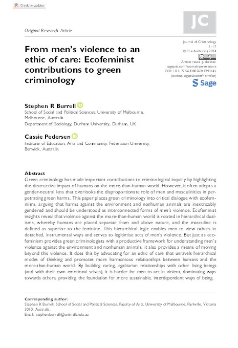 From men's violence to an ethic of care: Ecofeminist contributions to green criminology Thumbnail