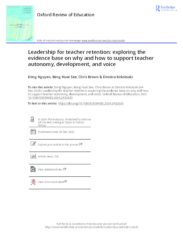 Leadership for teacher retention: exploring the evidence base on why and how to support teacher autonomy, development, and voice Thumbnail