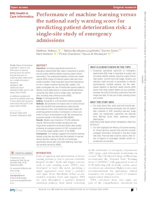 Performance of machine learning versus the national early warning score for predicting patient deterioration risk: a single-site study of emergency admissions Thumbnail