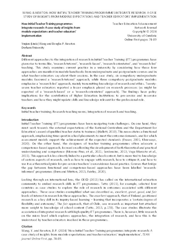 How Initial Teacher Training programmes integrate research: A case study of insights from module expectations and teacher educators’ implementation Thumbnail