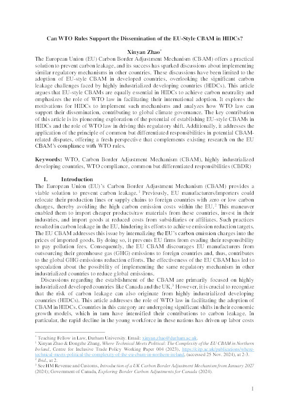 Can WTO Rules Support the Dissemination of the EU-Style CBAM in HIDCs? Thumbnail
